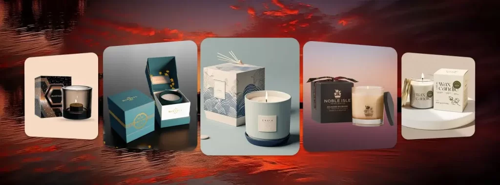 A display of candles set against a red backdrop highlighting the diversity of candle box styles available